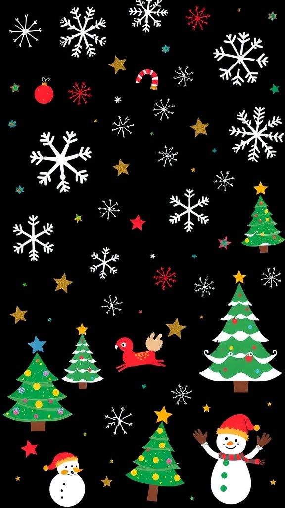 Cute Christmas wallpaper with festive designs on a black background.